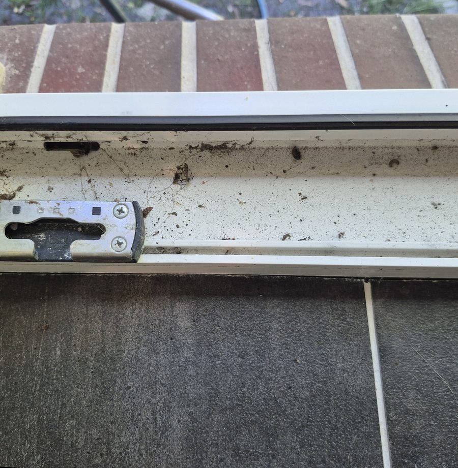 Fensterfalz vor der Reinigung, verschmutzt mit Spinnweben und Staub