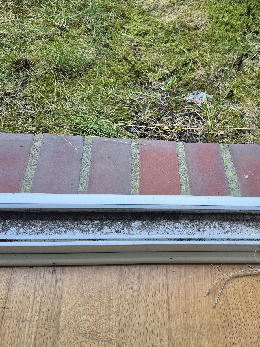 Fensterschiene vor der Reinigung, verschmutzt mit Laub und Staub