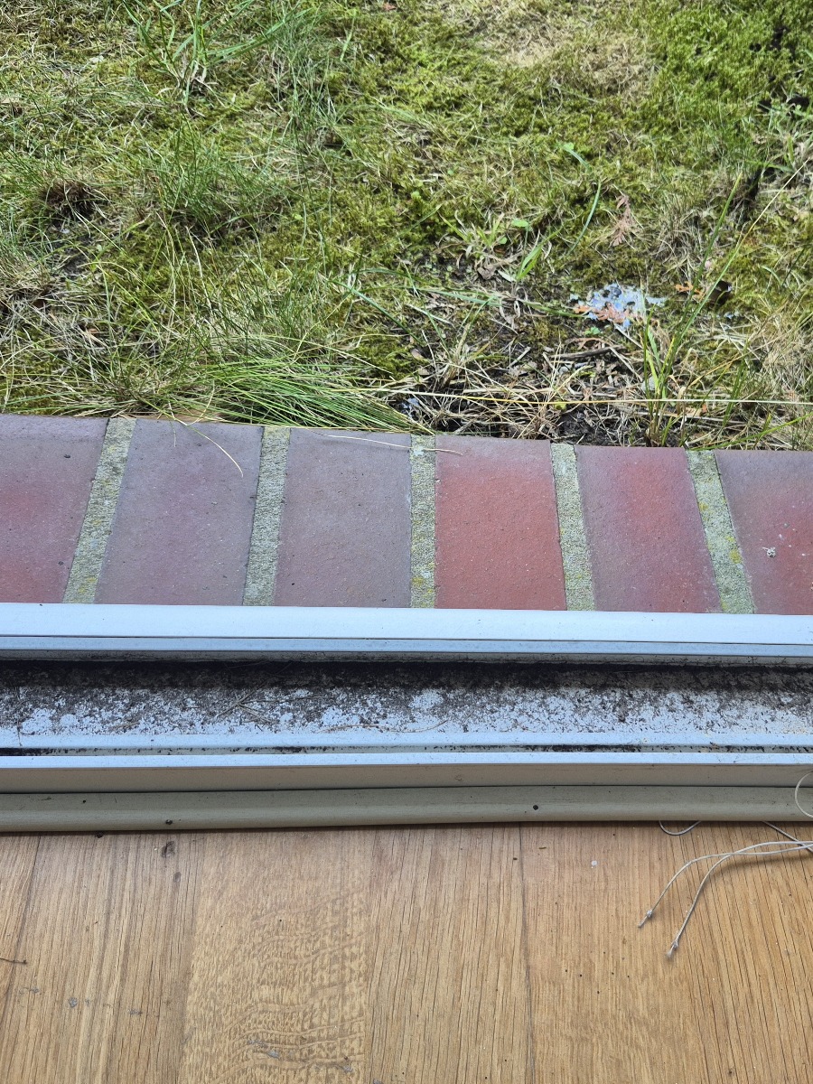 Fensterschiene vor der Reinigung, verschmutzt mit Laub und Staub